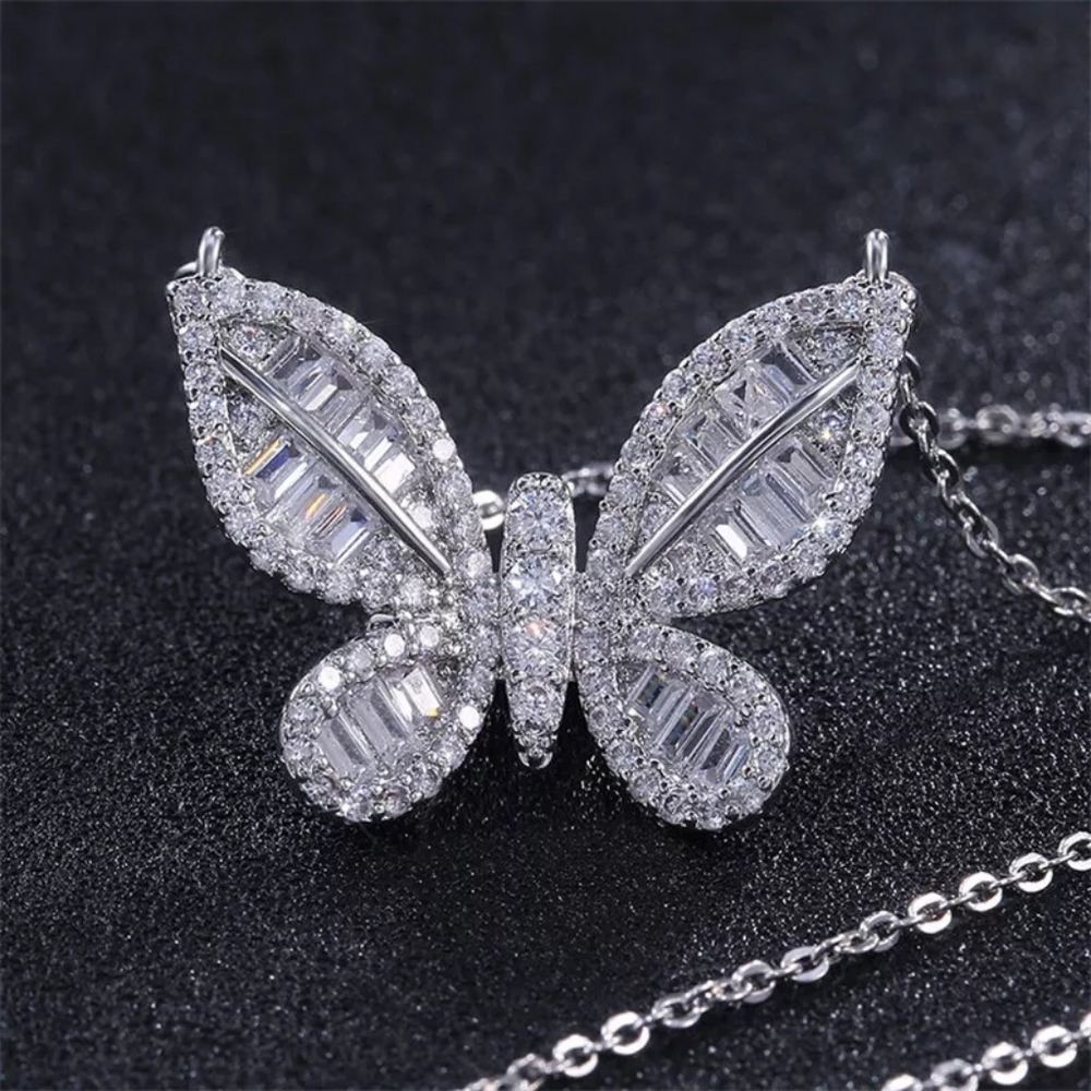 Gorgeous Silver Diamond Butterfly Necklace